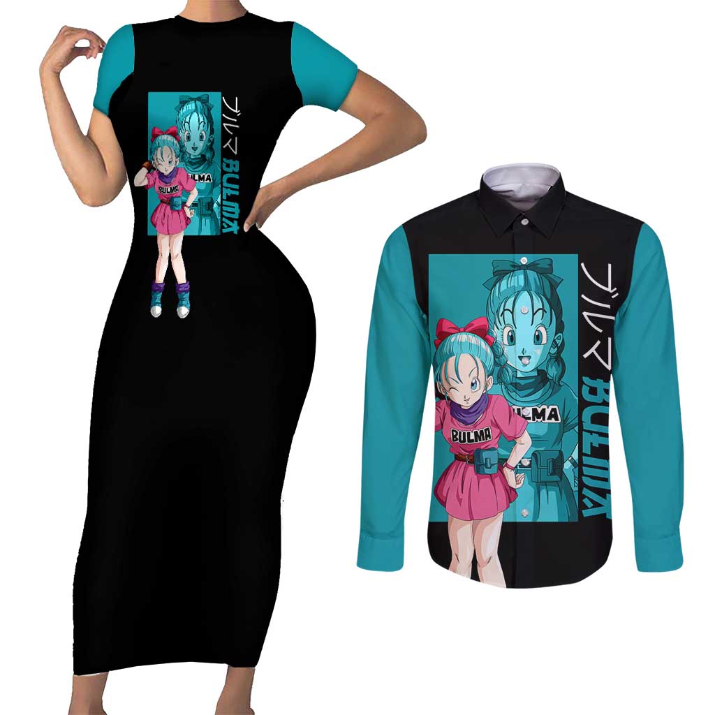 Bulma - Dragon Ball Couples Matching Short Sleeve Bodycon Dress and Long Sleeve Button Shirt Anime Art Style - The Mazicc