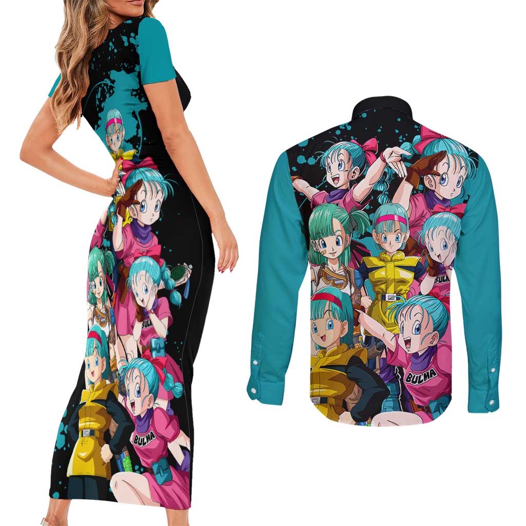 Bulma - Dragon Ball Couples Matching Short Sleeve Bodycon Dress and Long Sleeve Button Shirt Anime Art Style - The Mazicc