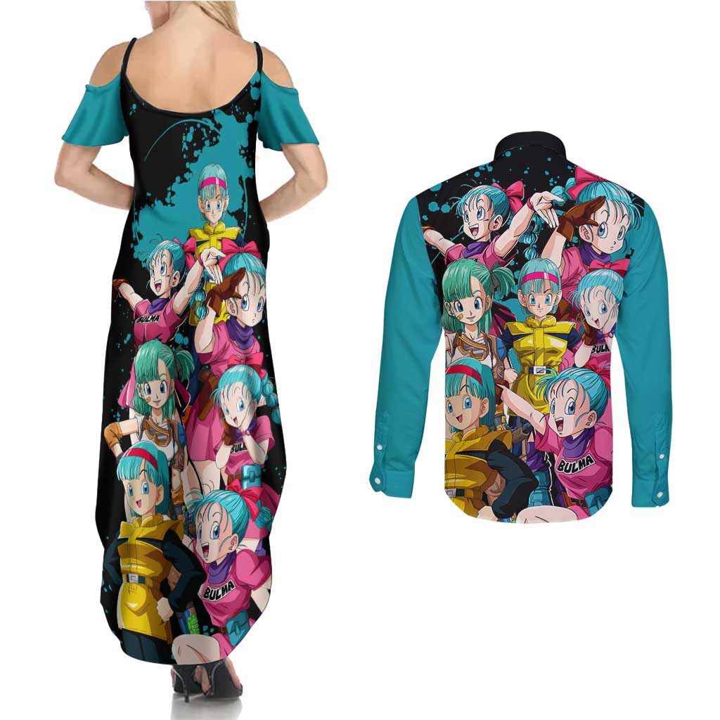 Bulma - Dragon Ball Couples Matching Summer Maxi Dress and Long Sleeve Button Shirt Anime Art Style - The Mazicc