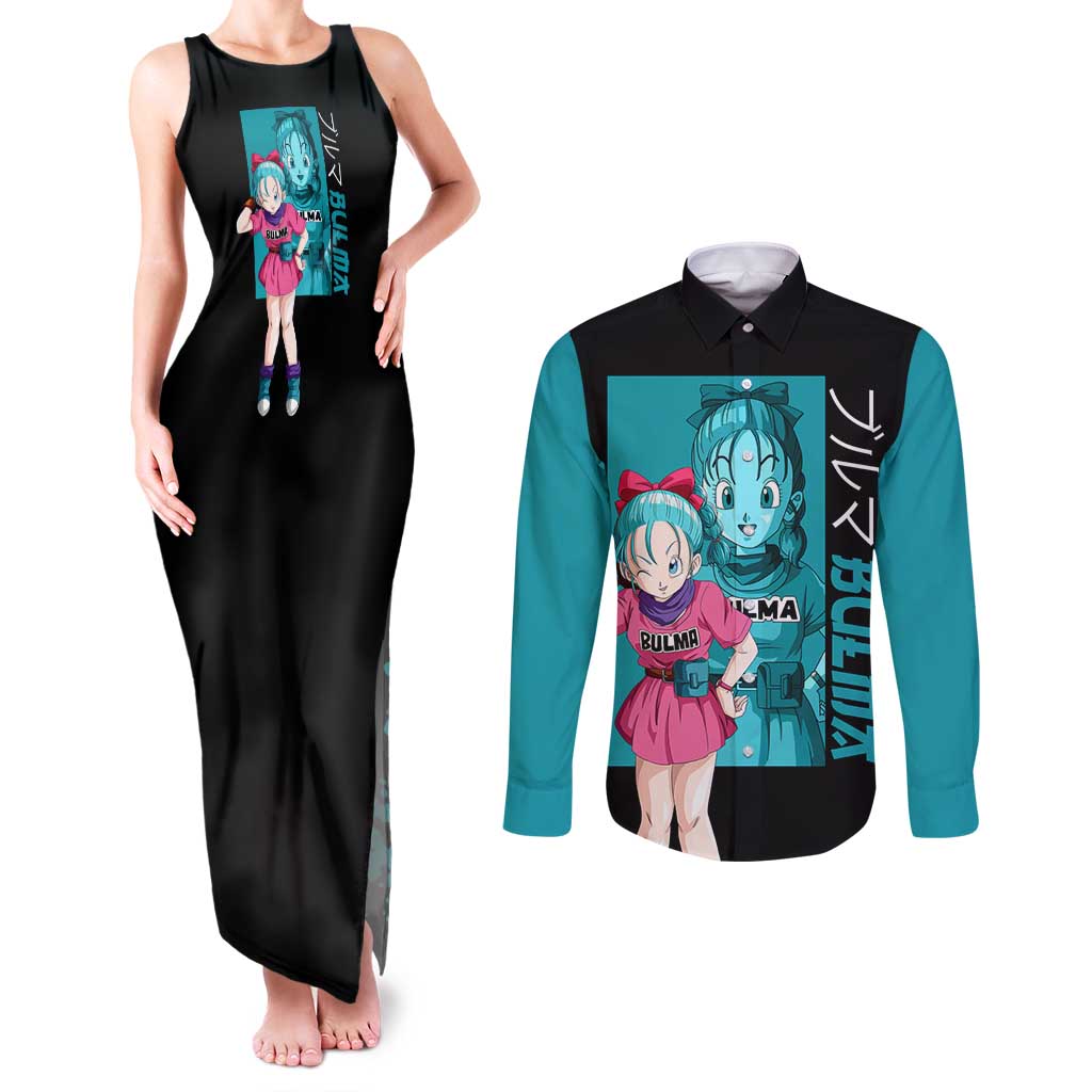 Bulma - Dragon Ball Couples Matching Tank Maxi Dress and Long Sleeve Button Shirt Anime Art Style - The Mazicc