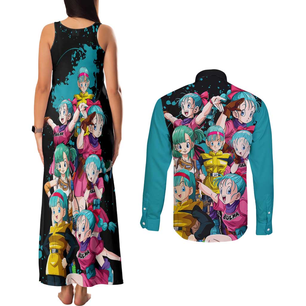 Bulma - Dragon Ball Couples Matching Tank Maxi Dress and Long Sleeve Button Shirt Anime Art Style - The Mazicc