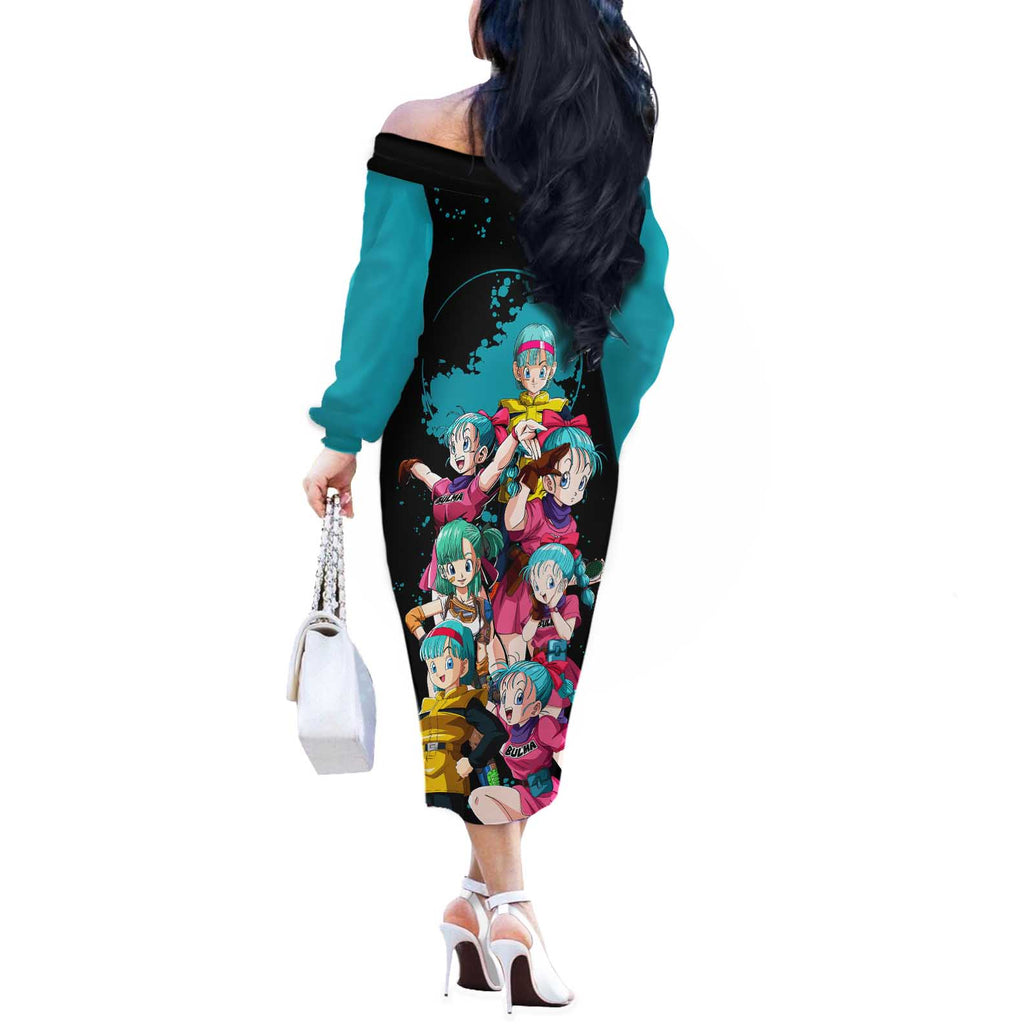 Bulma - Dragon Ball Off The Shoulder Long Sleeve Dress Anime Art Style - The Mazicc