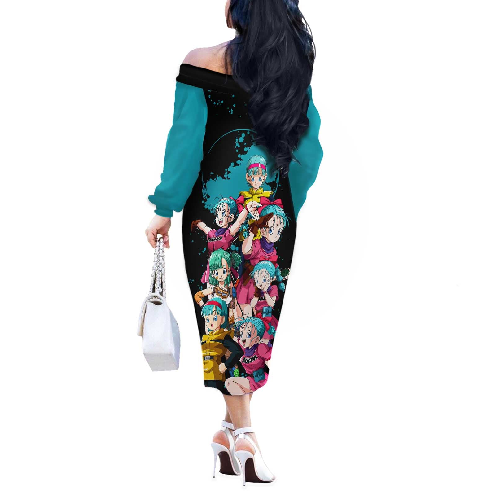Bulma - Dragon Ball Off The Shoulder Long Sleeve Dress Anime Art Style - The Mazicc