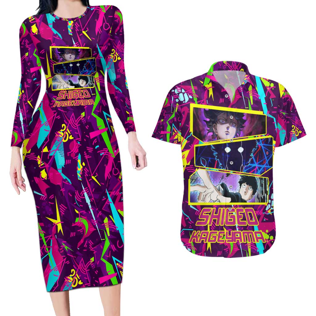 Shigeo Kageyama - Mob Psycho 100 Couples Matching Long Sleeve Bodycon Dress and Hawaiian Shirt Anime Style