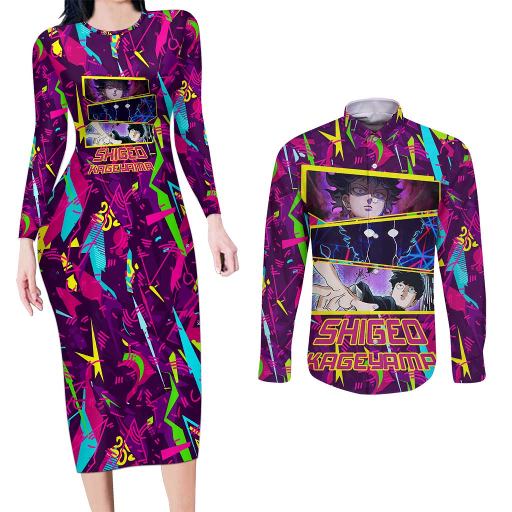 Shigeo Kageyama - Mob Psycho 100 Couples Matching Long Sleeve Bodycon Dress and Long Sleeve Button Shirt Anime Style