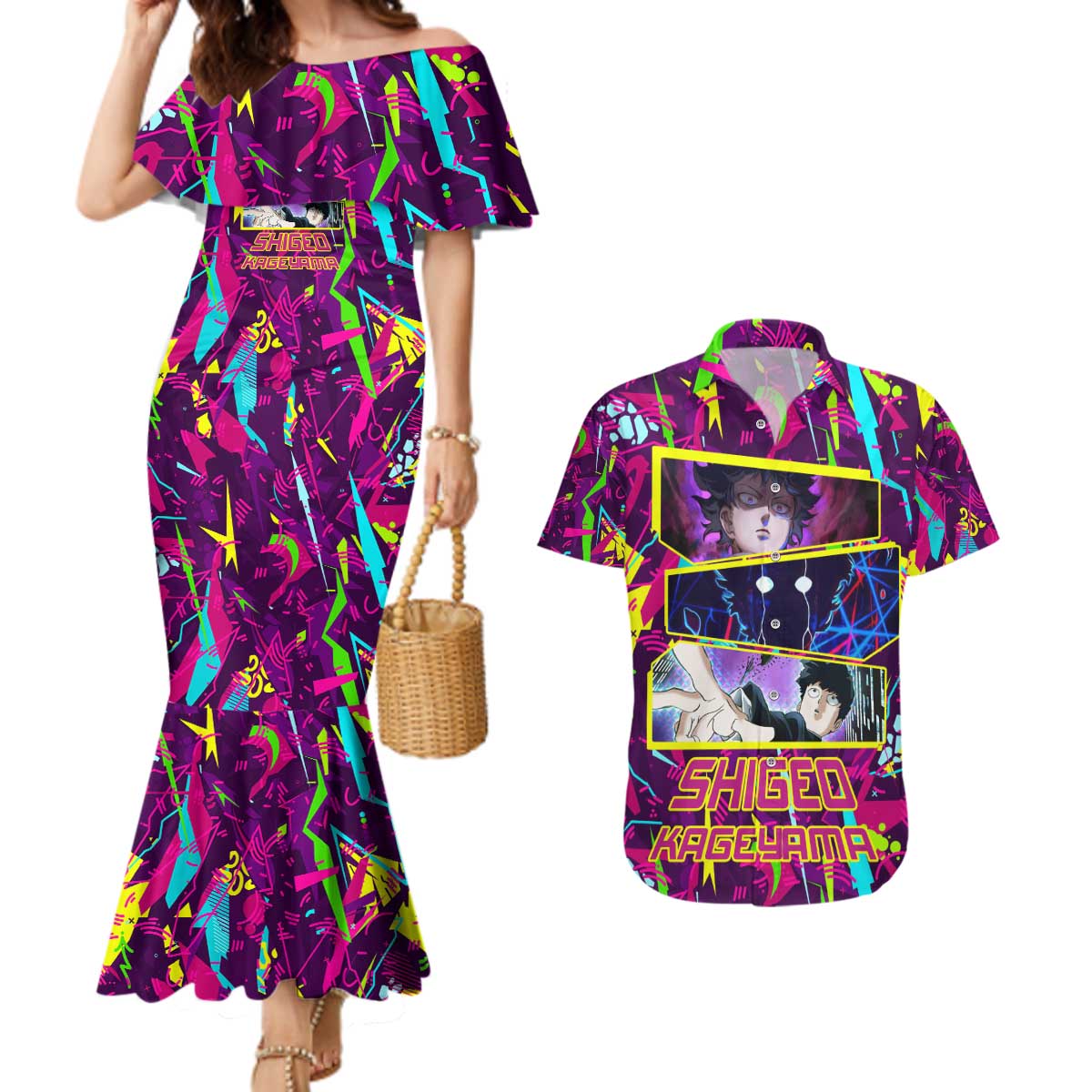 Shigeo Kageyama - Mob Psycho 100 Couples Matching Mermaid Dress and Hawaiian Shirt Anime Style