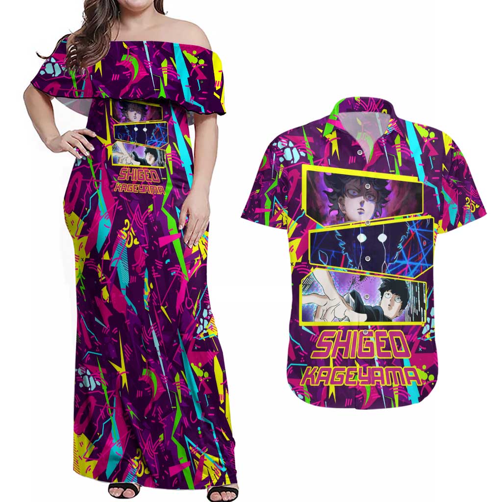 Shigeo Kageyama - Mob Psycho 100 Couples Matching Off Shoulder Maxi Dress and Hawaiian Shirt Anime Style