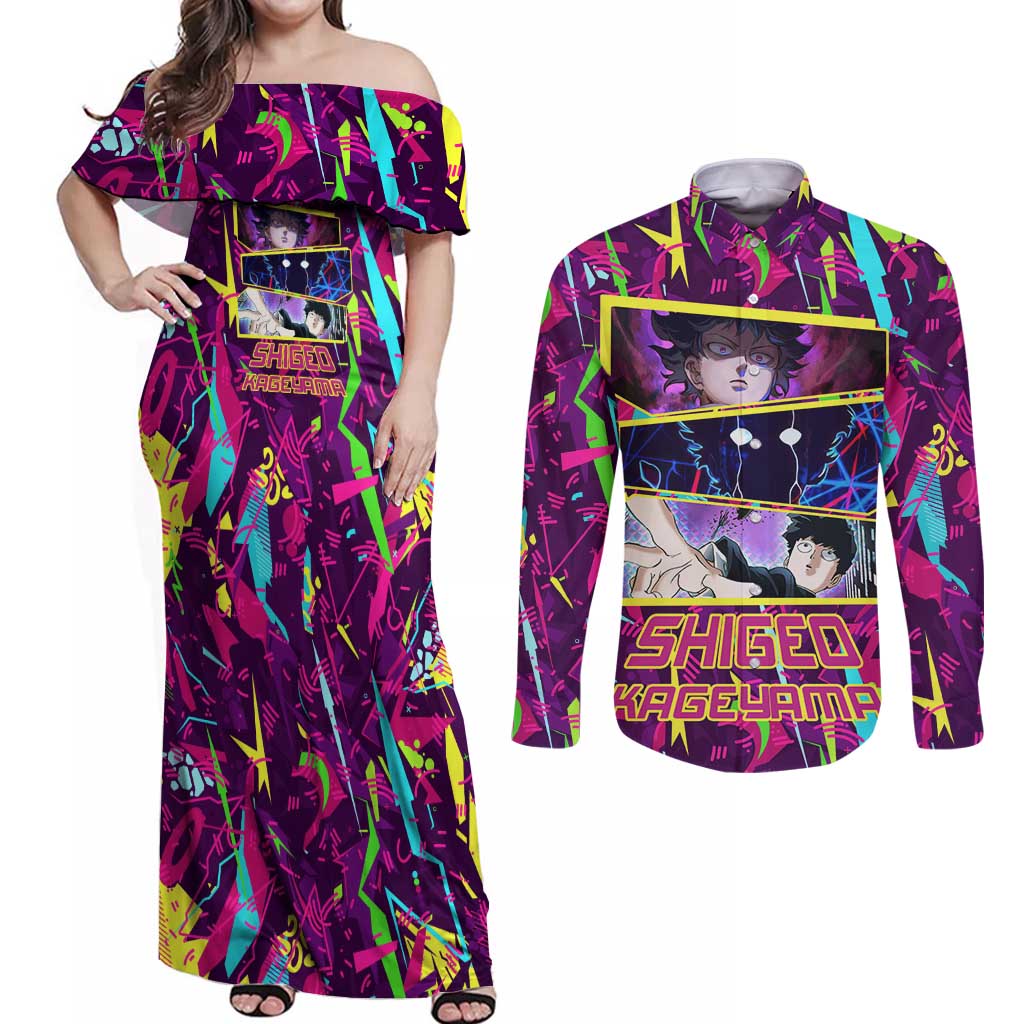 Shigeo Kageyama - Mob Psycho 100 Couples Matching Off Shoulder Maxi Dress and Long Sleeve Button Shirt Anime Style
