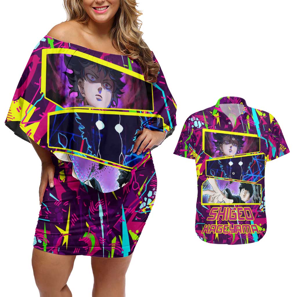 Shigeo Kageyama - Mob Psycho 100 Couples Matching Off Shoulder Short Dress and Hawaiian Shirt Anime Style