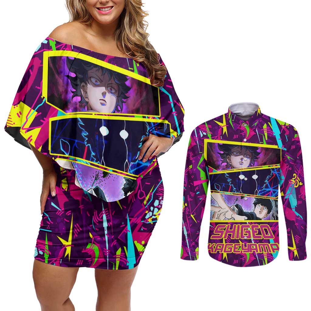 Shigeo Kageyama - Mob Psycho 100 Couples Matching Off Shoulder Short Dress and Long Sleeve Button Shirt Anime Style