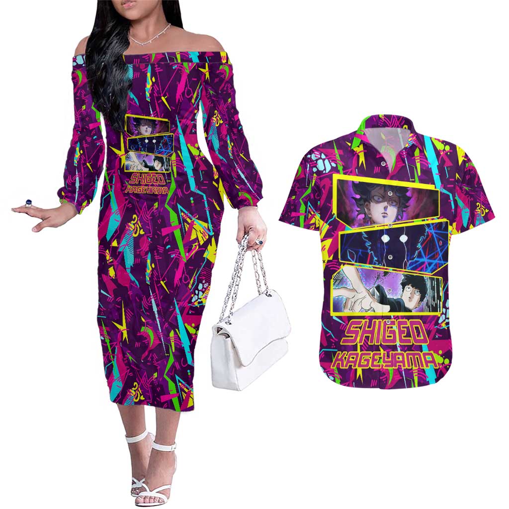 Shigeo Kageyama - Mob Psycho 100 Couples Matching Off The Shoulder Long Sleeve Dress and Hawaiian Shirt Anime Style