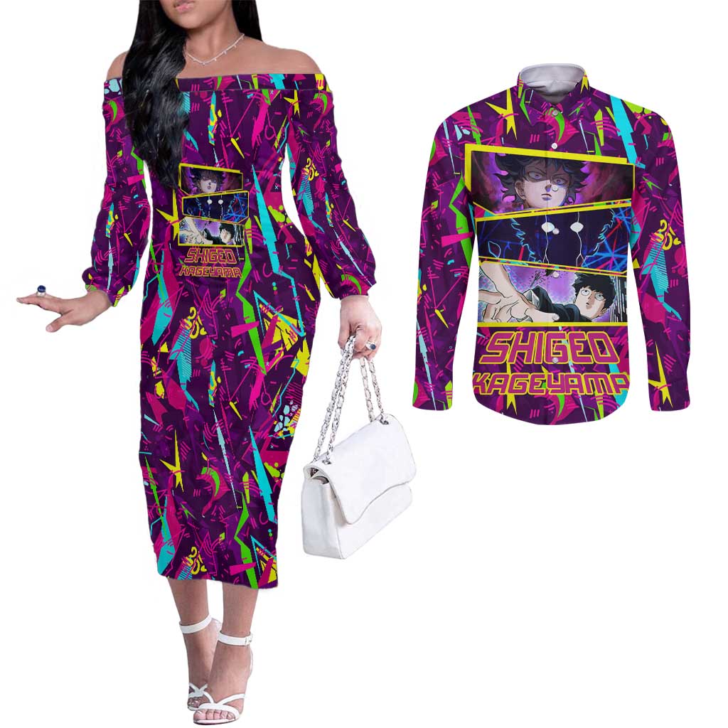 Shigeo Kageyama - Mob Psycho 100 Couples Matching Off The Shoulder Long Sleeve Dress and Long Sleeve Button Shirt Anime Style