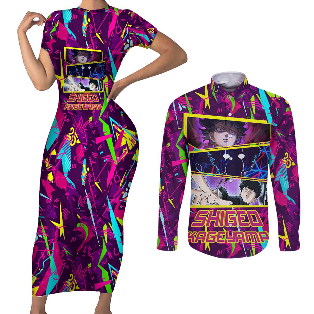 Shigeo Kageyama - Mob Psycho 100 Couples Matching Short Sleeve Bodycon Dress and Long Sleeve Button Shirt Anime Style