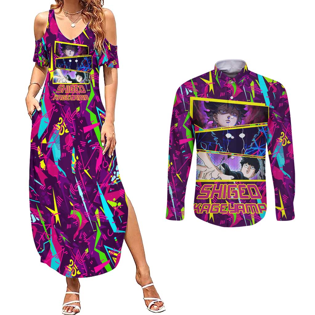 Shigeo Kageyama - Mob Psycho 100 Couples Matching Summer Maxi Dress and Long Sleeve Button Shirt Anime Style