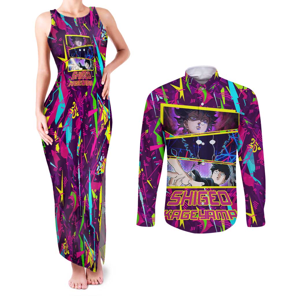 Shigeo Kageyama - Mob Psycho 100 Couples Matching Tank Maxi Dress and Long Sleeve Button Shirt Anime Style