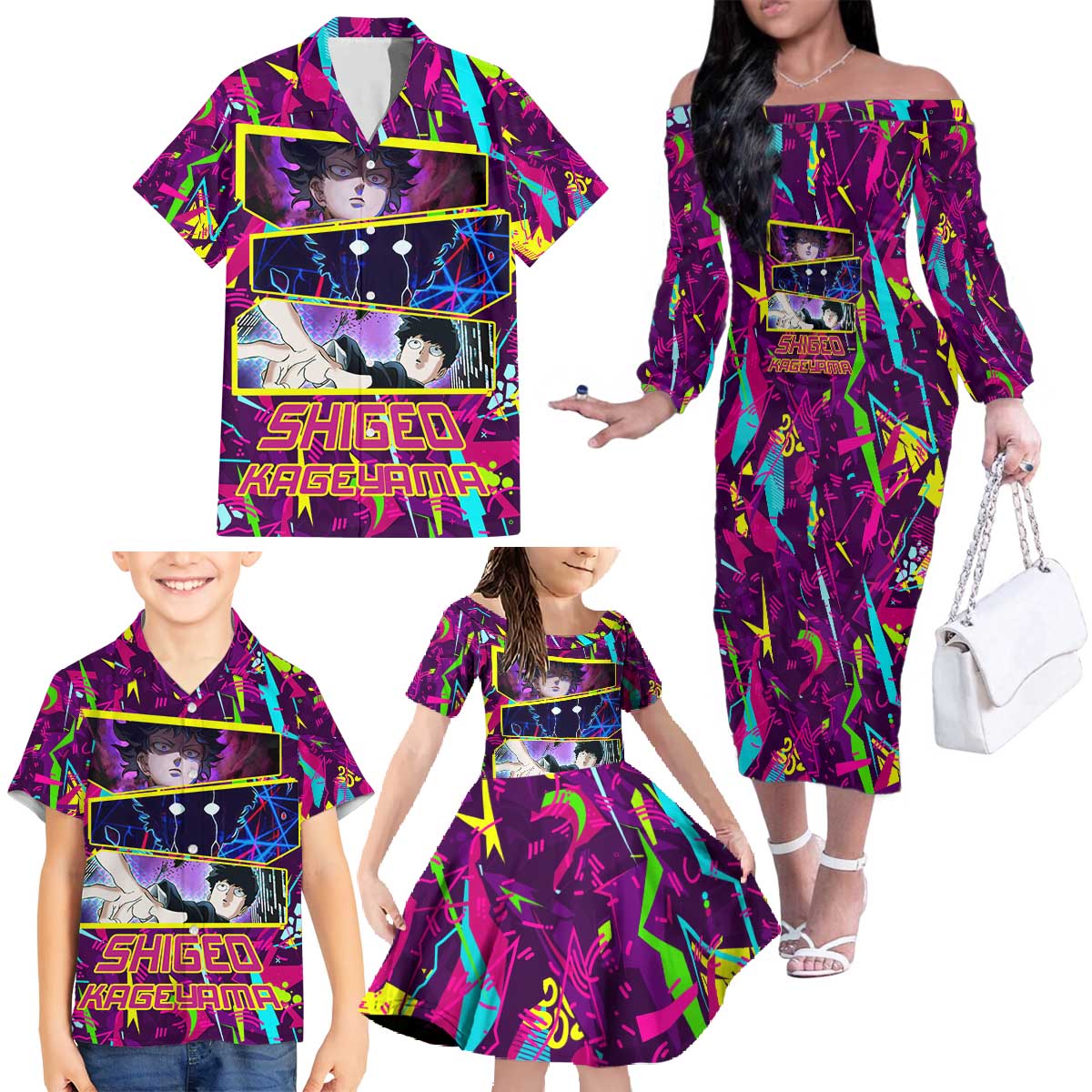 Shigeo Kageyama - Mob Psycho 100 Family Matching Off The Shoulder Long Sleeve Dress and Hawaiian Shirt Anime Style
