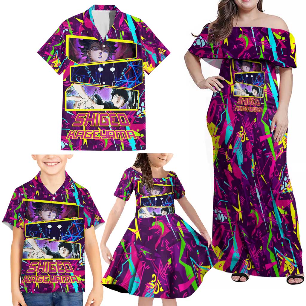 Shigeo Kageyama - Mob Psycho 100 Family Matching Off Shoulder Maxi Dress and Hawaiian Shirt Anime Style