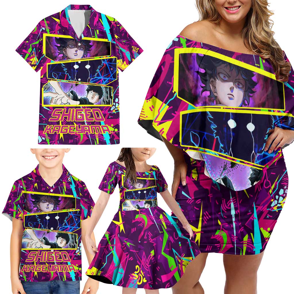 Shigeo Kageyama - Mob Psycho 100 Family Matching Off Shoulder Short Dress and Hawaiian Shirt Anime Style