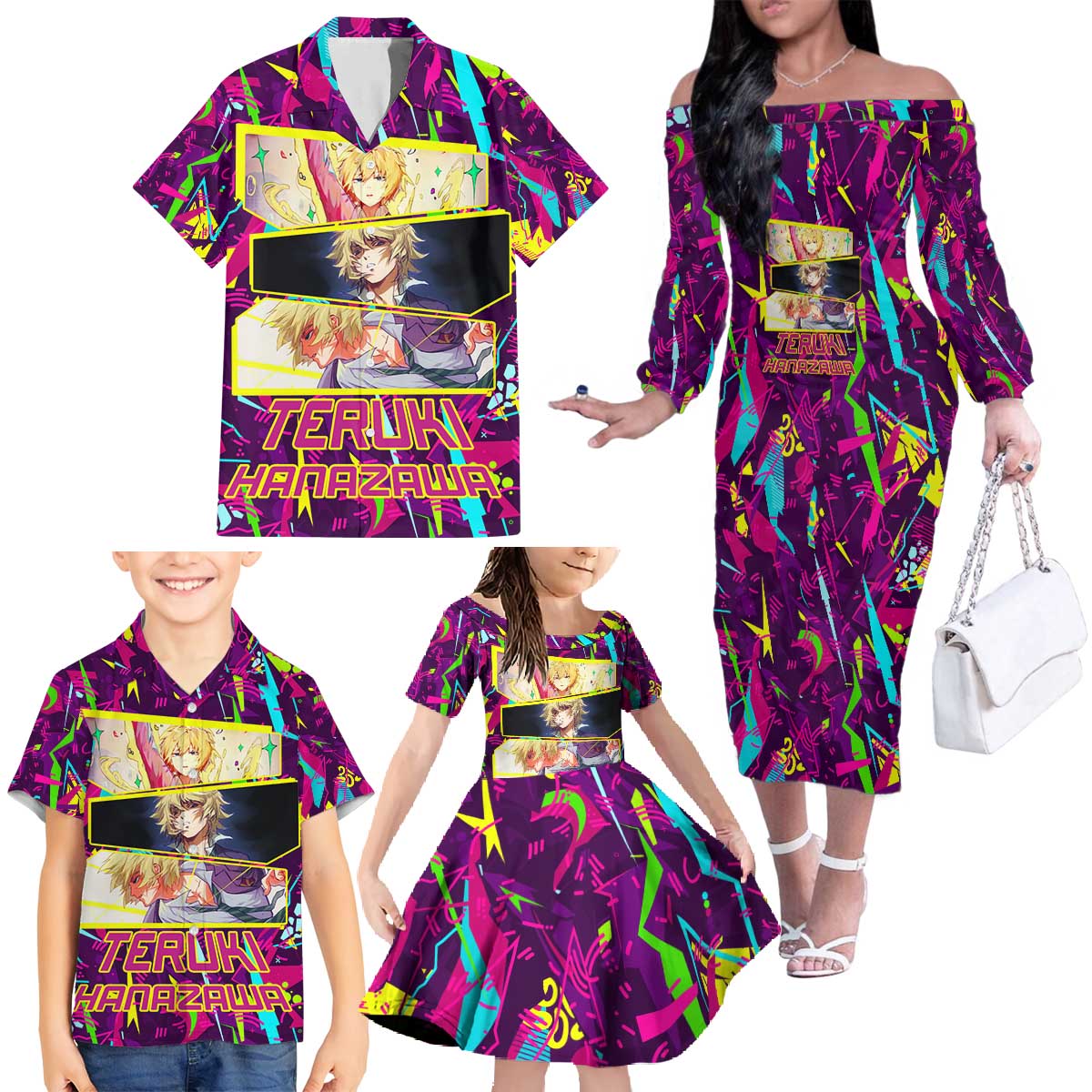 Teruki Hanazaw - Mob Psycho 100 Family Matching Off The Shoulder Long Sleeve Dress and Hawaiian Shirt Anime Style