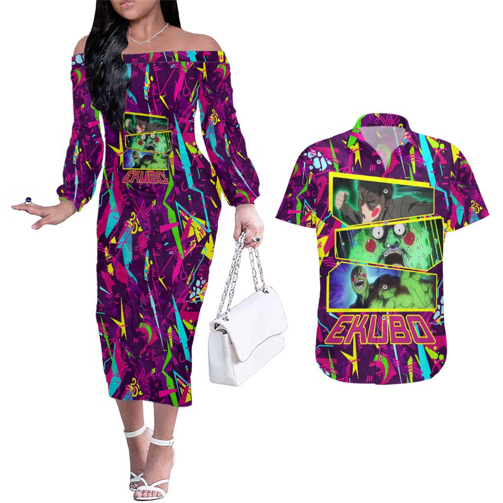 Ekubo - Mob Psycho 100 Couples Matching Off The Shoulder Long Sleeve Dress and Hawaiian Shirt Anime Style