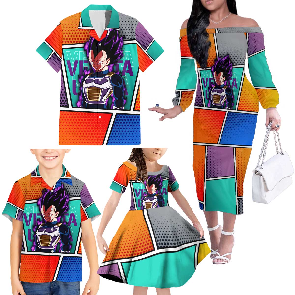 - Dragon Ball Family Matching Off The Shoulder Long Sleeve Dress and Hawaiian Shirt Anime Style