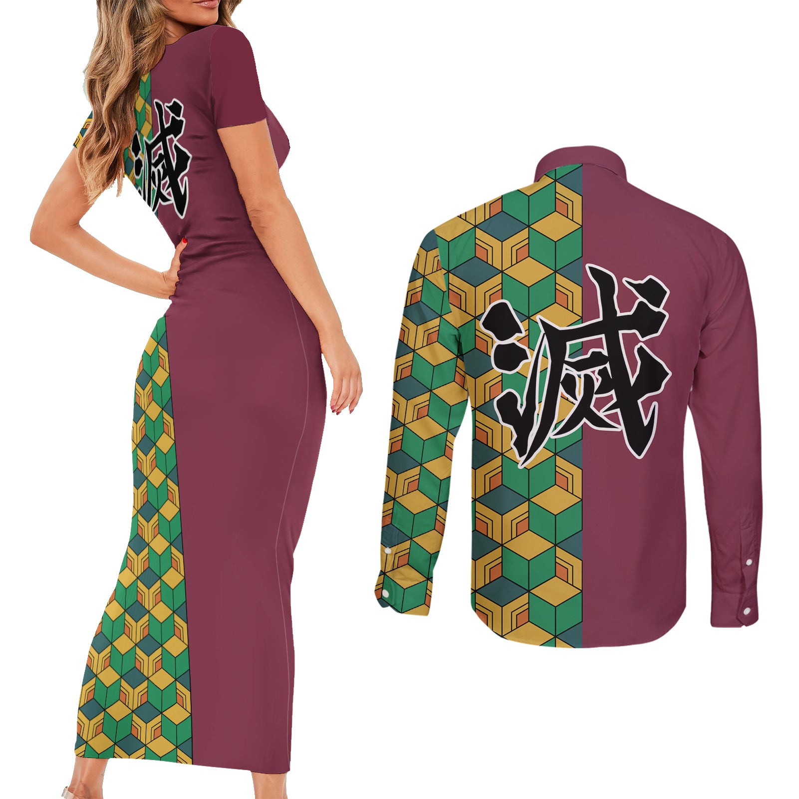 Giyuu Couples Matching Short Sleeve Bodycon Dress and Long Sleeve Button Shirt Demon Slayer Funny Style