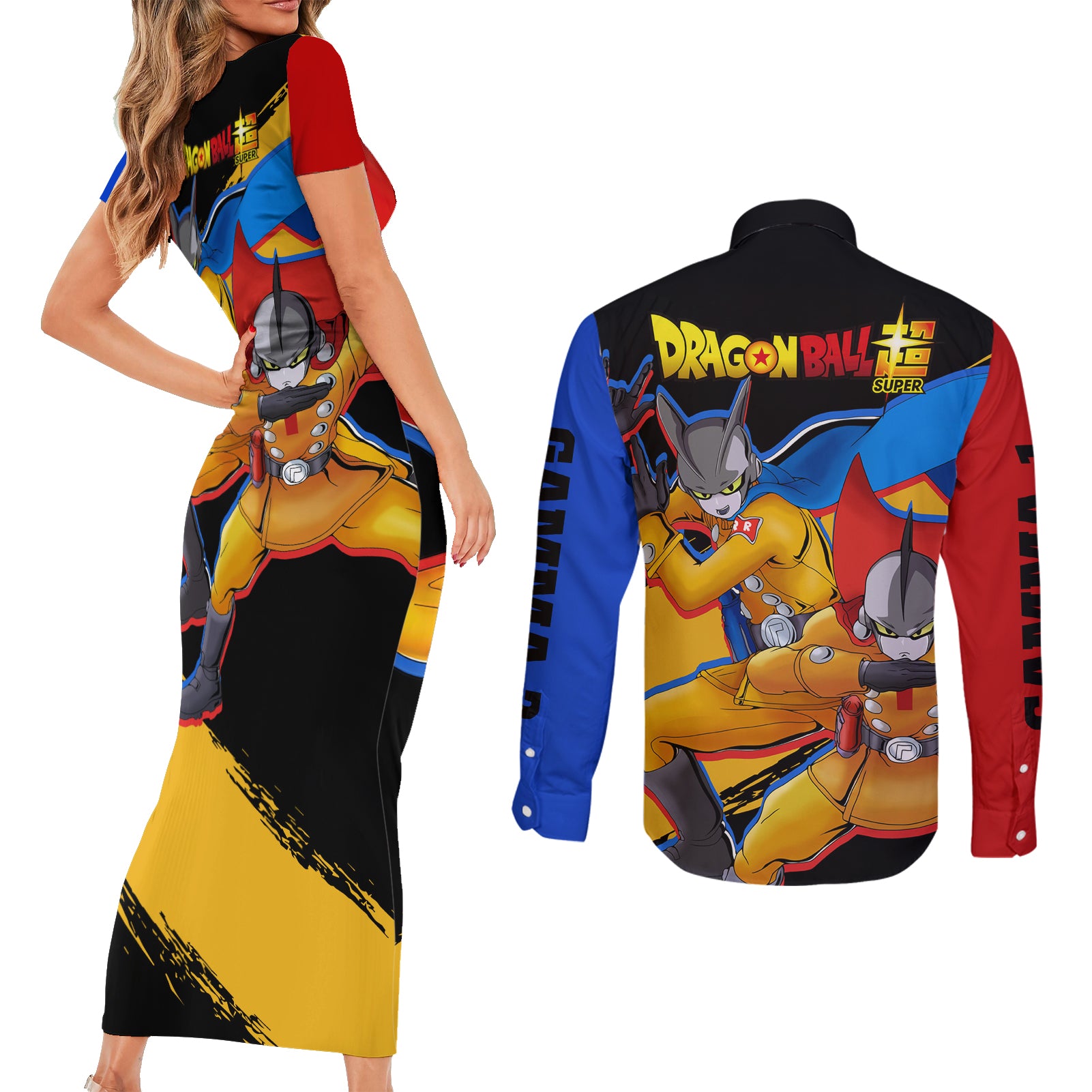Gamma 1 and Gamma 2 Couples Matching Short Sleeve Bodycon Dress and Long Sleeve Button Shirt Dragon Ball Super