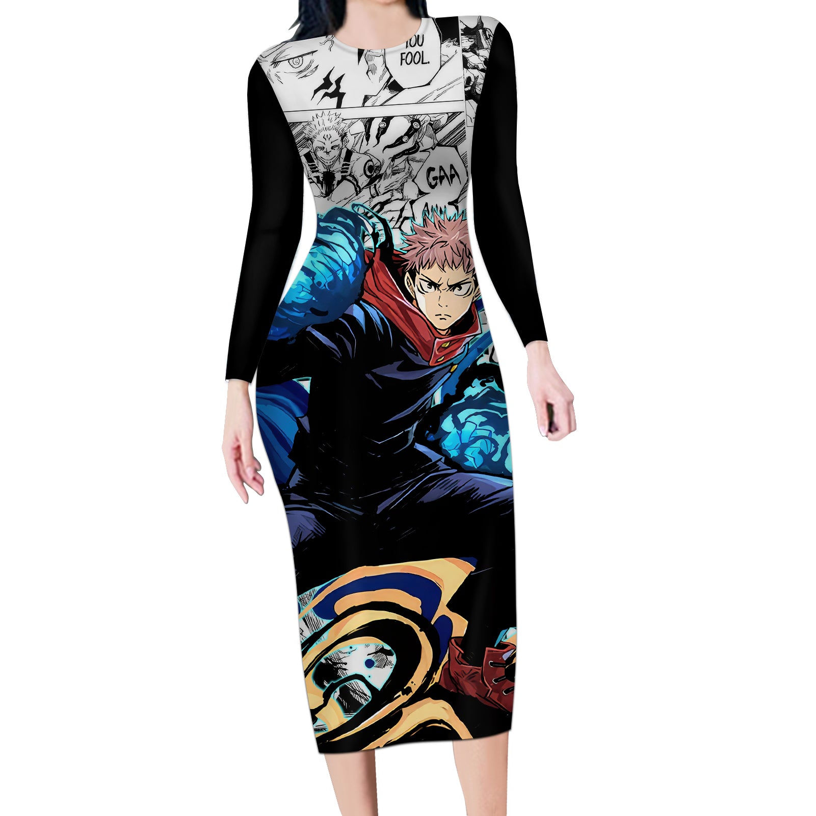 Yuji Itadori - Jujutsu Kaisen Long Sleeve Bodycon Dress Manga Style
