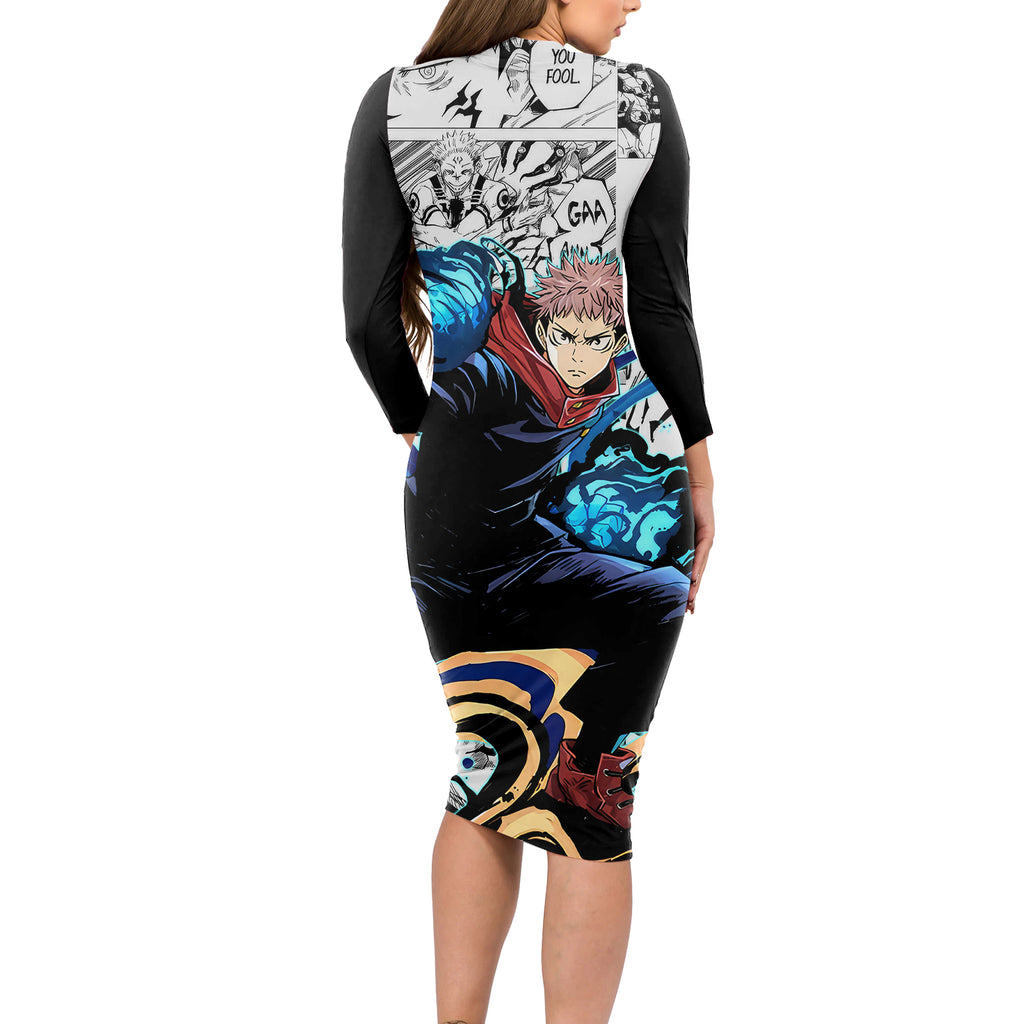 Yuji Itadori - Jujutsu Kaisen Long Sleeve Bodycon Dress Manga Style