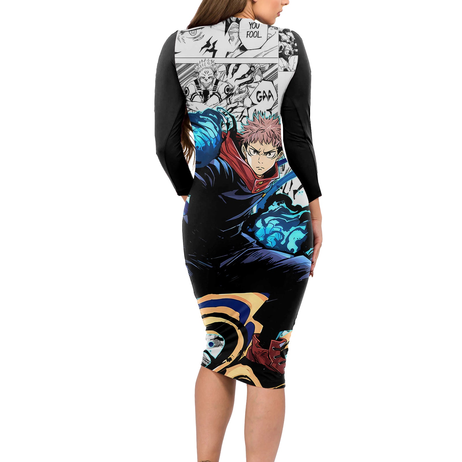 Yuji Itadori - Jujutsu Kaisen Long Sleeve Bodycon Dress Manga Style