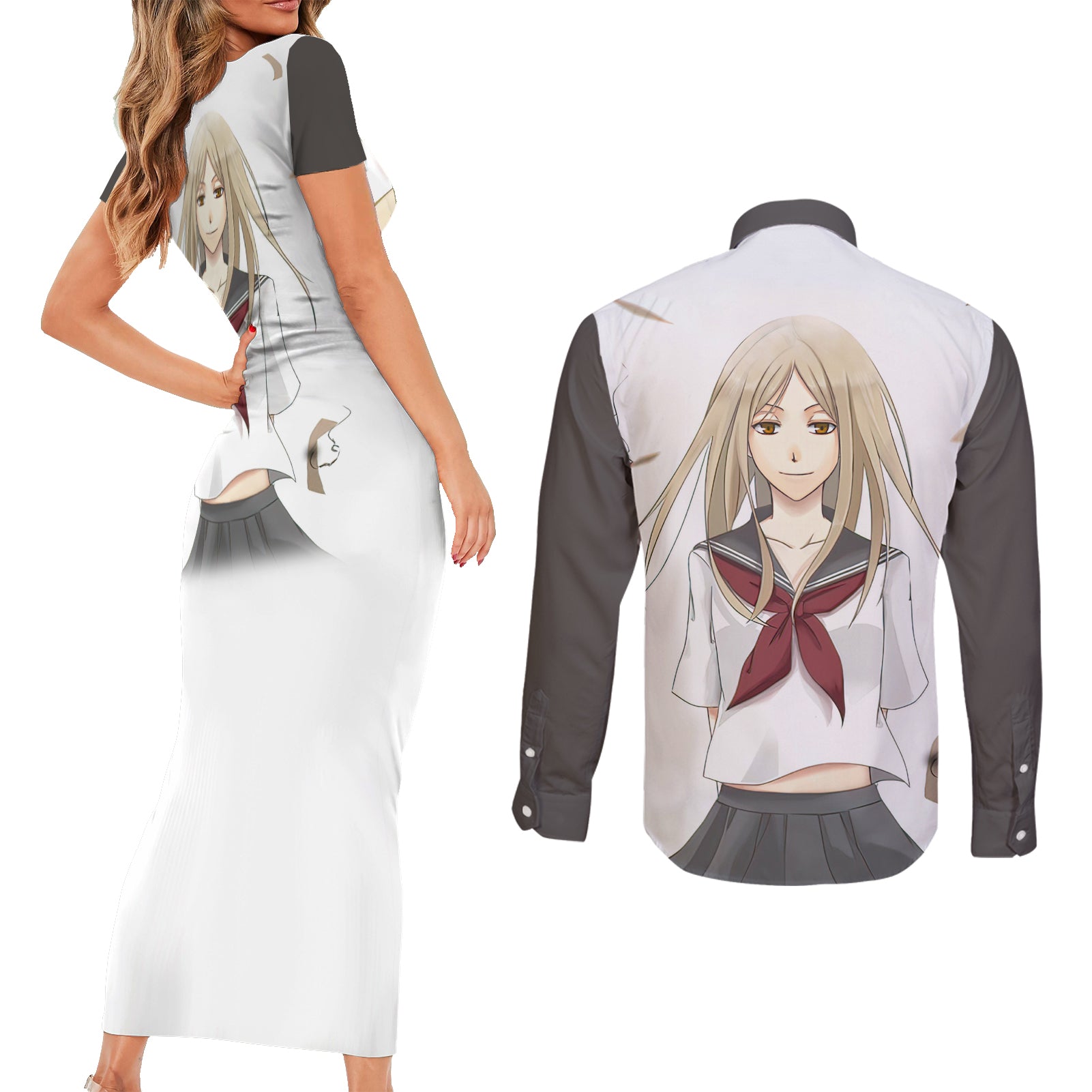 Reiko Natsume Couples Matching Short Sleeve Bodycon Dress and Long Sleeve Button Shirt Natsume Yuujin Chou