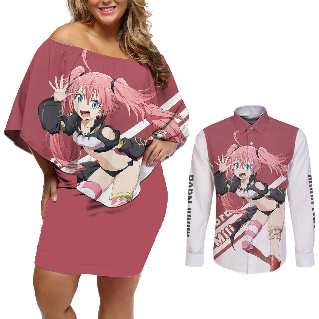 Demon Lord Milim Nava Couples Matching Off Shoulder Short Dress and Long Sleeve Button Shirt TenSura Anime