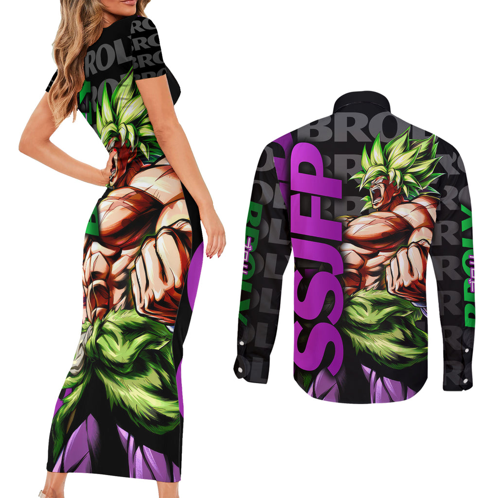 Super Saijan Broly - Dragon Ball Couples Matching Short Sleeve Bodycon Dress and Long Sleeve Button Shirt Anime Mix Pattern Style