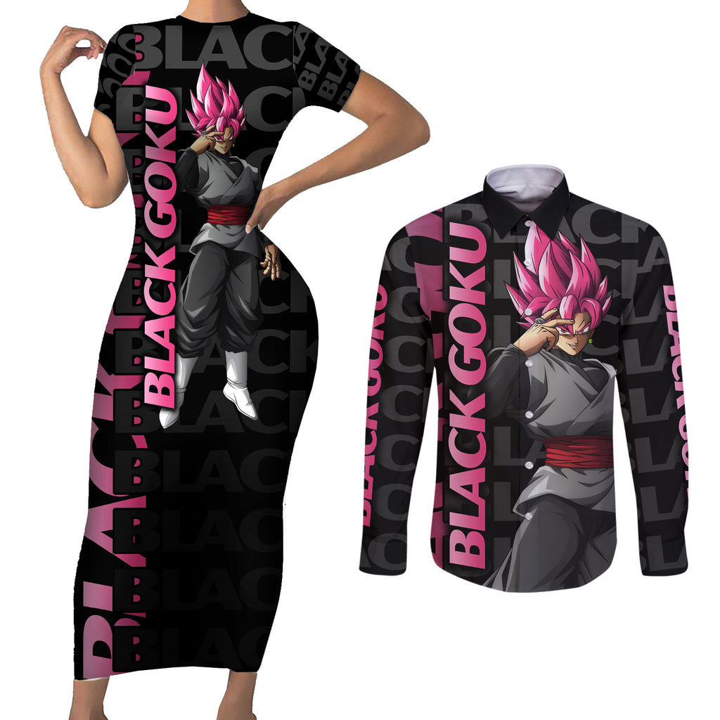 Black Goku Couples Matching Short Sleeve Bodycon Dress and Long Sleeve Button Shirt Anime Mix Text Pattern Abstract Style
