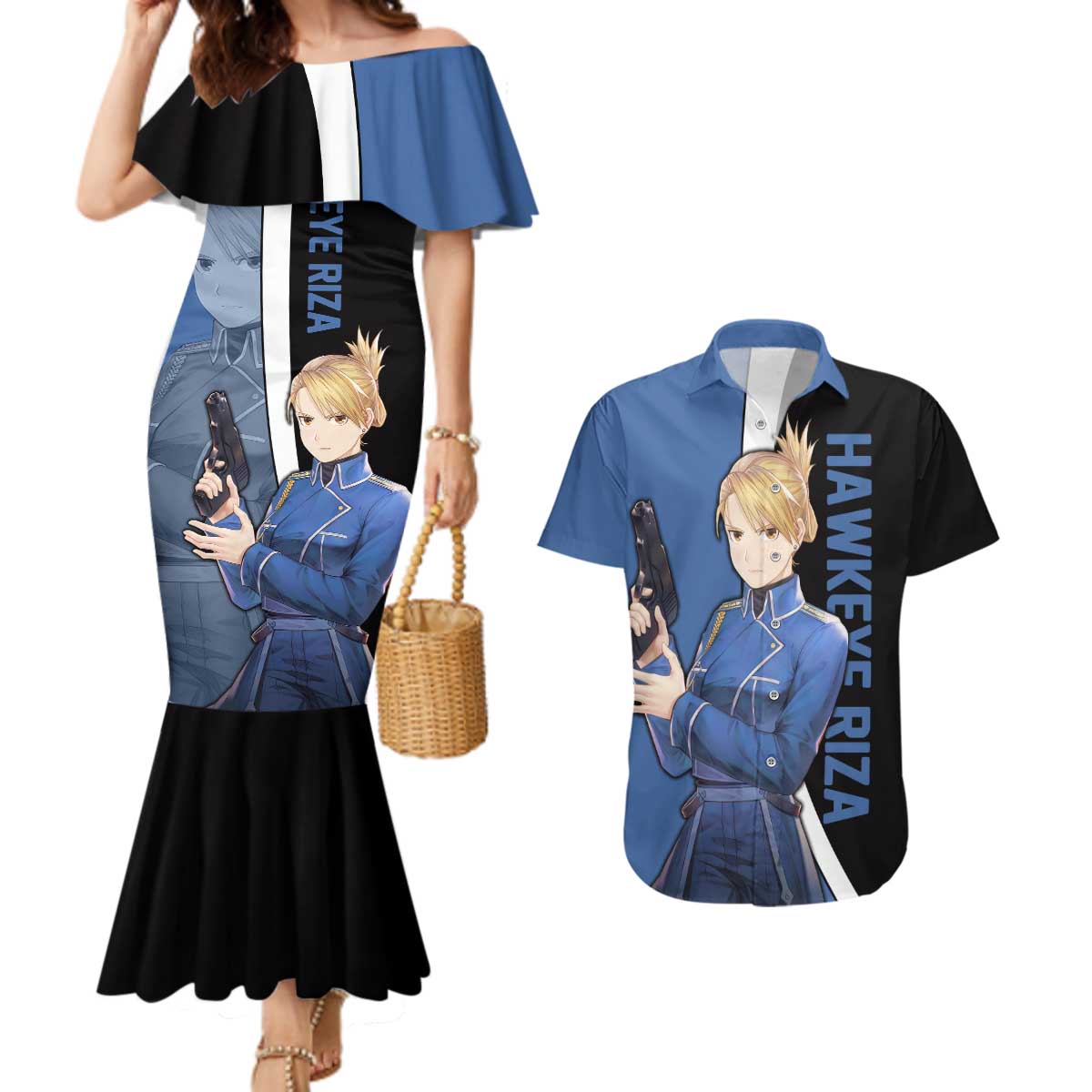 Hawkeye Riza - Fullmetal Alchemist Couples Matching Mermaid Dress and Hawaiian Shirt Anime Style - The Mazicc