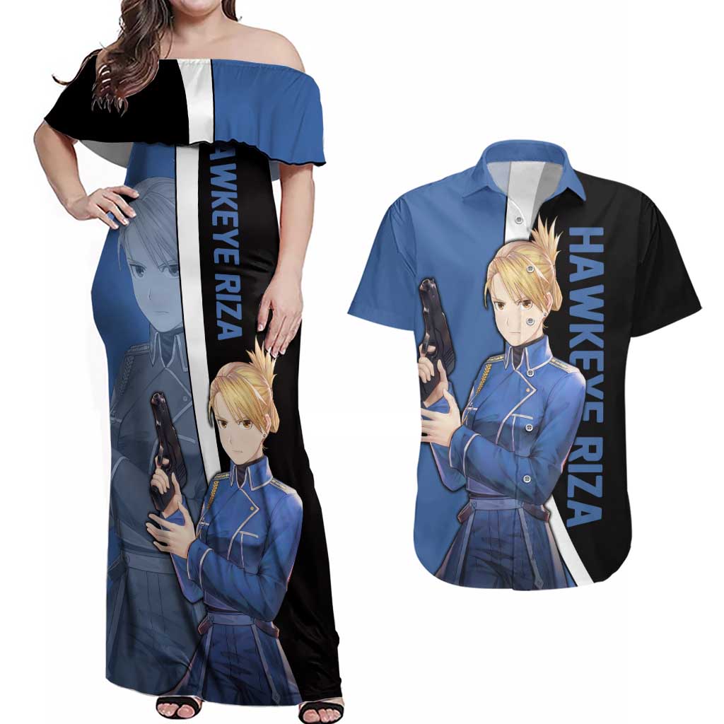 Hawkeye Riza - Fullmetal Alchemist Couples Matching Off Shoulder Maxi Dress and Hawaiian Shirt Anime Style - The Mazicc