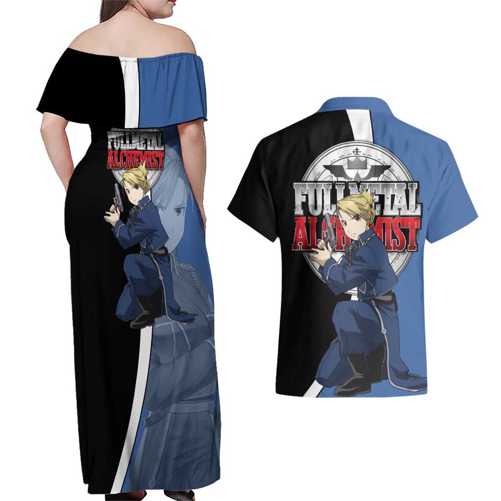 Hawkeye Riza - Fullmetal Alchemist Couples Matching Off Shoulder Maxi Dress and Hawaiian Shirt Anime Style - The Mazicc