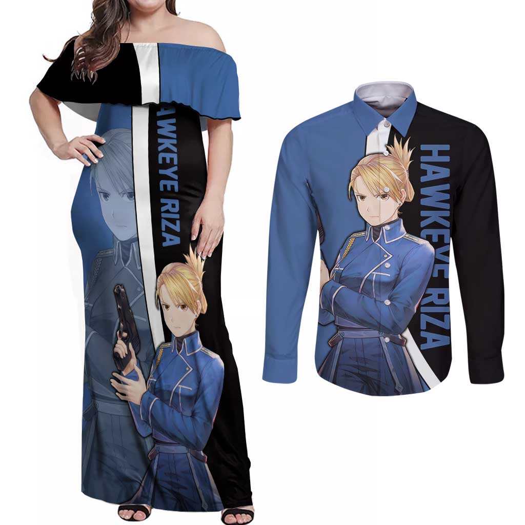 Hawkeye Riza - Fullmetal Alchemist Couples Matching Off Shoulder Maxi Dress and Long Sleeve Button Shirt Anime Style - The Mazicc