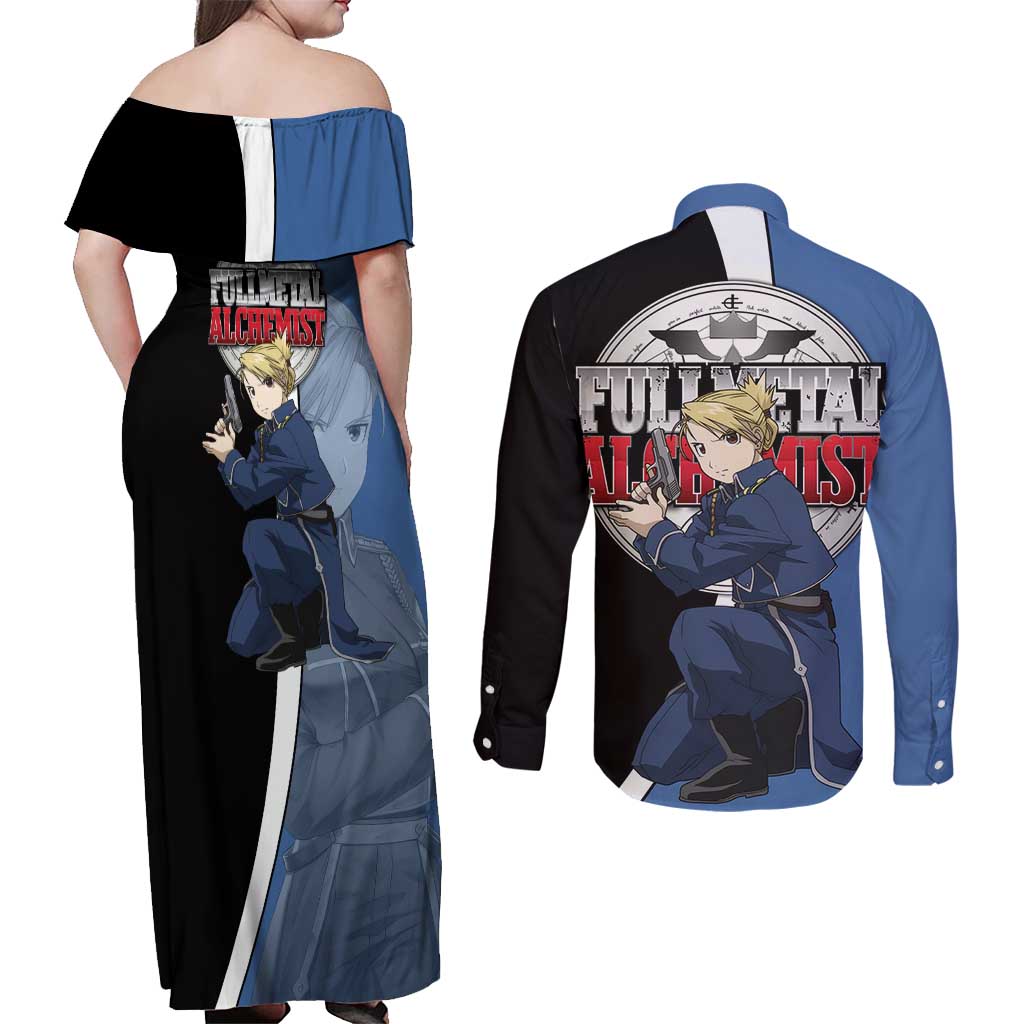 Hawkeye Riza - Fullmetal Alchemist Couples Matching Off Shoulder Maxi Dress and Long Sleeve Button Shirt Anime Style - The Mazicc
