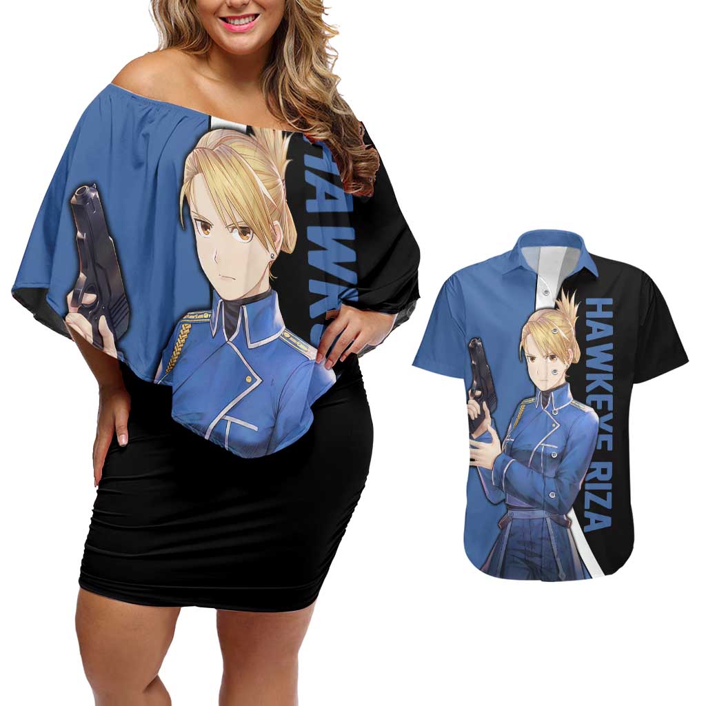 Hawkeye Riza - Fullmetal Alchemist Couples Matching Off Shoulder Short Dress and Hawaiian Shirt Anime Style - The Mazicc