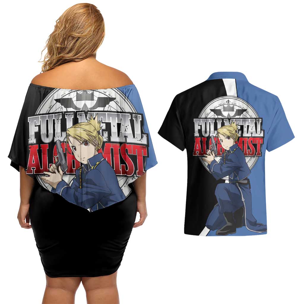 Hawkeye Riza - Fullmetal Alchemist Couples Matching Off Shoulder Short Dress and Hawaiian Shirt Anime Style - The Mazicc