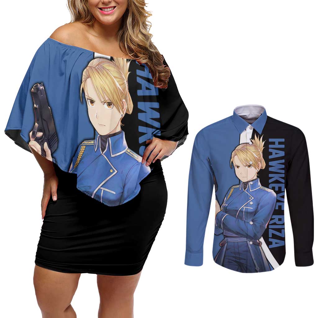 Hawkeye Riza - Fullmetal Alchemist Couples Matching Off Shoulder Short Dress and Long Sleeve Button Shirt Anime Style - The Mazicc