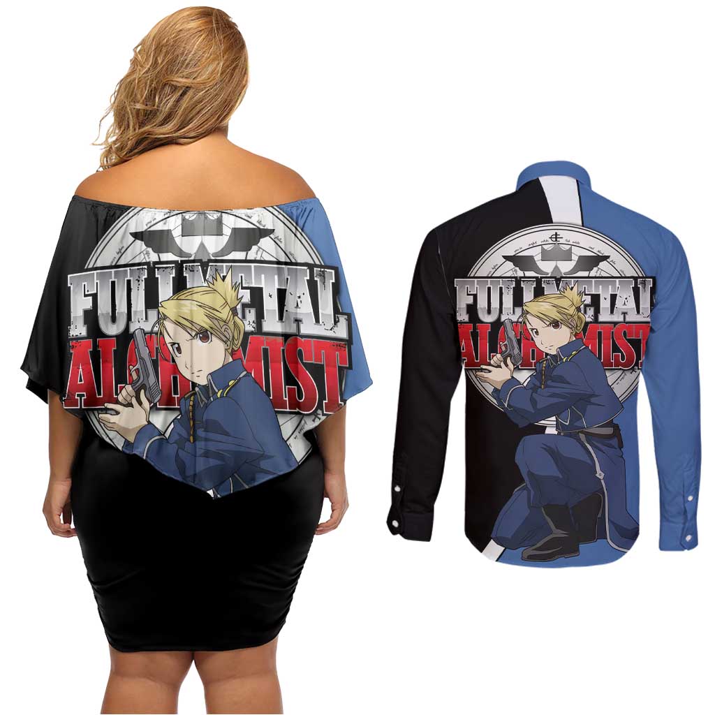 Hawkeye Riza - Fullmetal Alchemist Couples Matching Off Shoulder Short Dress and Long Sleeve Button Shirt Anime Style - The Mazicc