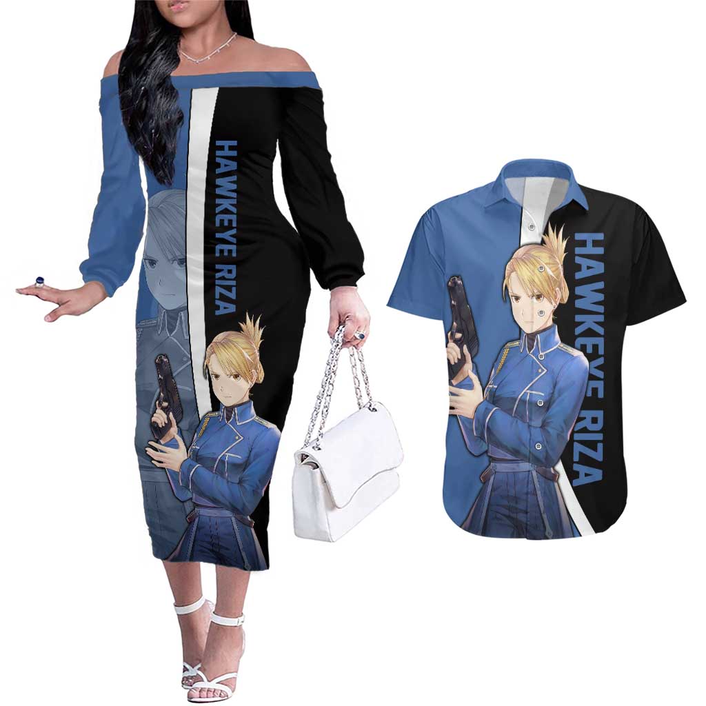 Hawkeye Riza - Fullmetal Alchemist Couples Matching Off The Shoulder Long Sleeve Dress and Hawaiian Shirt Anime Style - The Mazicc