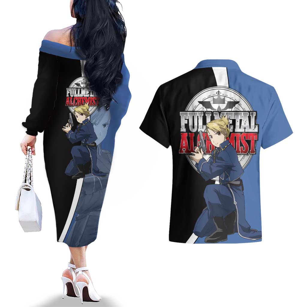 Hawkeye Riza - Fullmetal Alchemist Couples Matching Off The Shoulder Long Sleeve Dress and Hawaiian Shirt Anime Style - The Mazicc