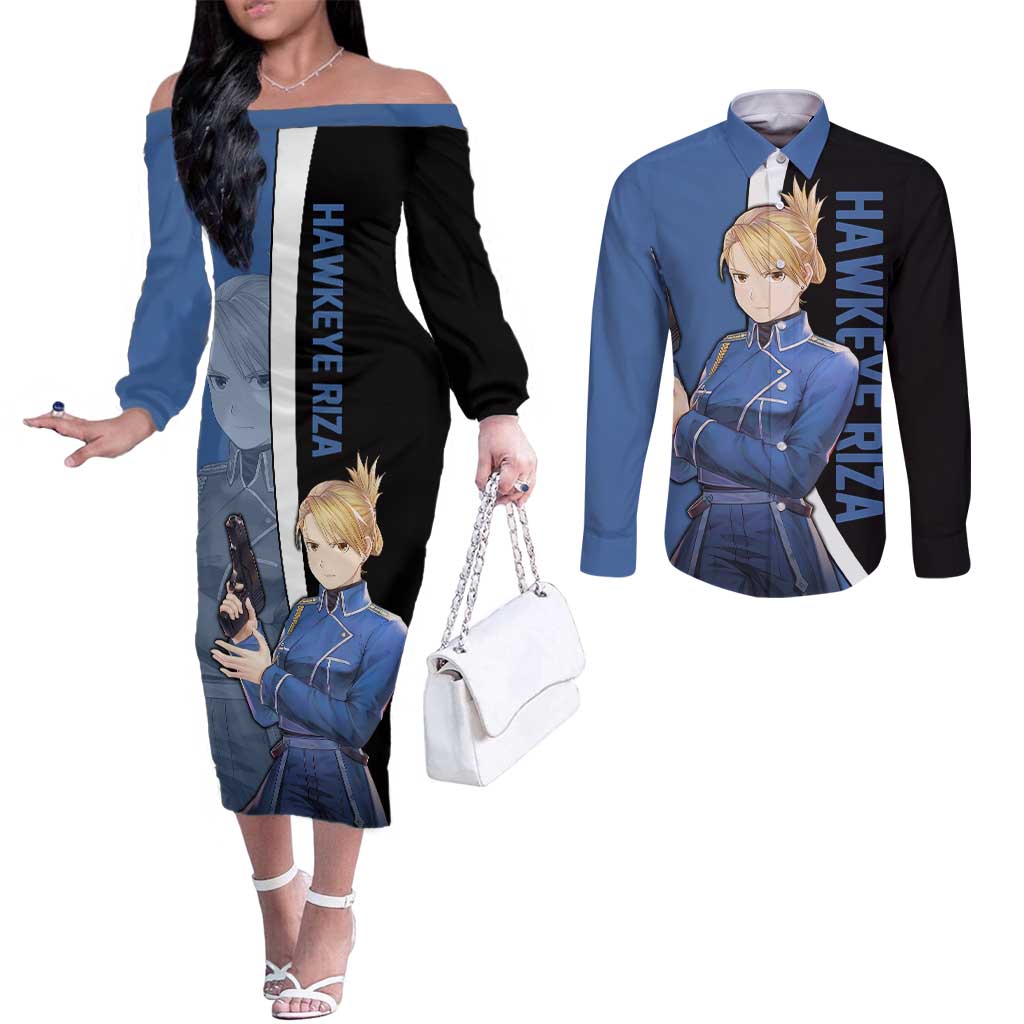 Hawkeye Riza - Fullmetal Alchemist Couples Matching Off The Shoulder Long Sleeve Dress and Long Sleeve Button Shirt Anime Style - The Mazicc