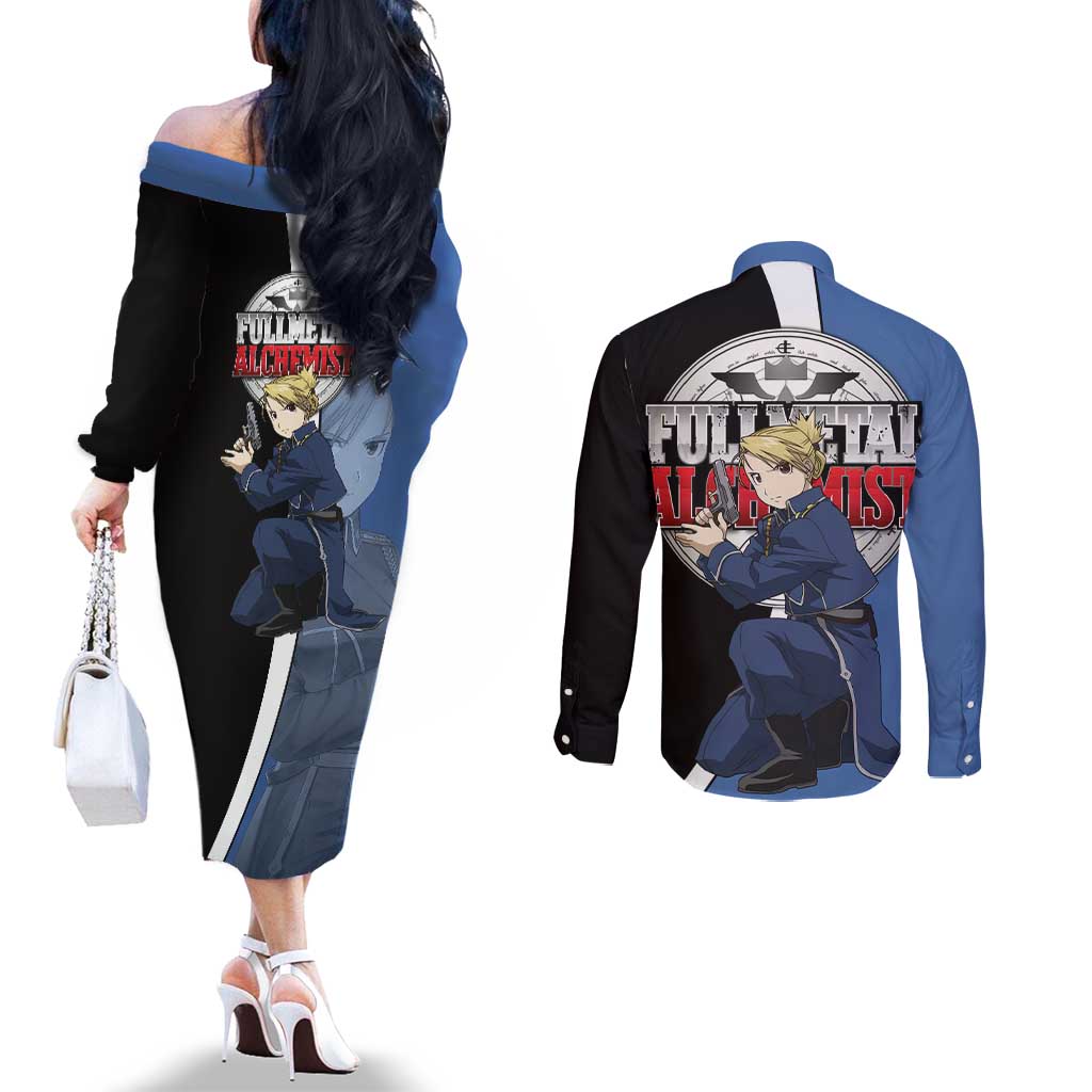 Hawkeye Riza - Fullmetal Alchemist Couples Matching Off The Shoulder Long Sleeve Dress and Long Sleeve Button Shirt Anime Style - The Mazicc
