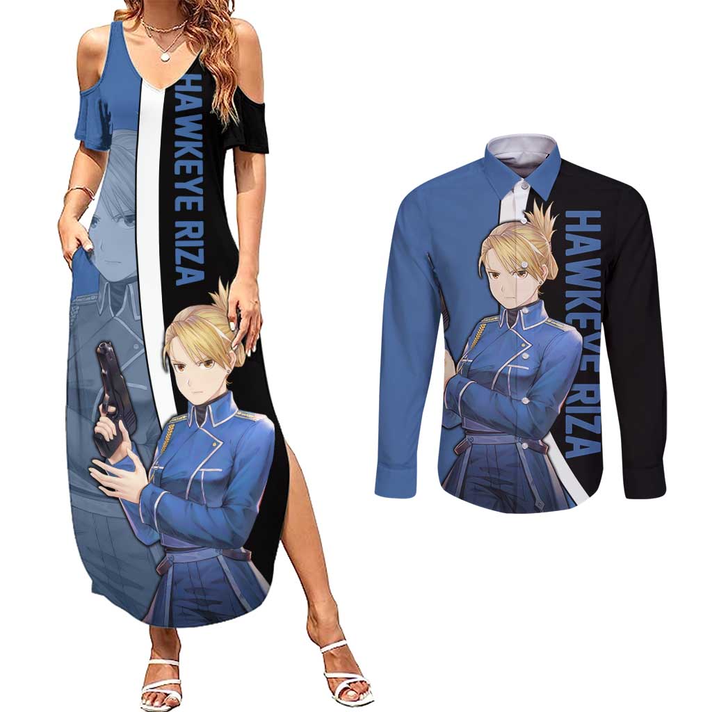 Hawkeye Riza - Fullmetal Alchemist Couples Matching Summer Maxi Dress and Long Sleeve Button Shirt Anime Style - The Mazicc