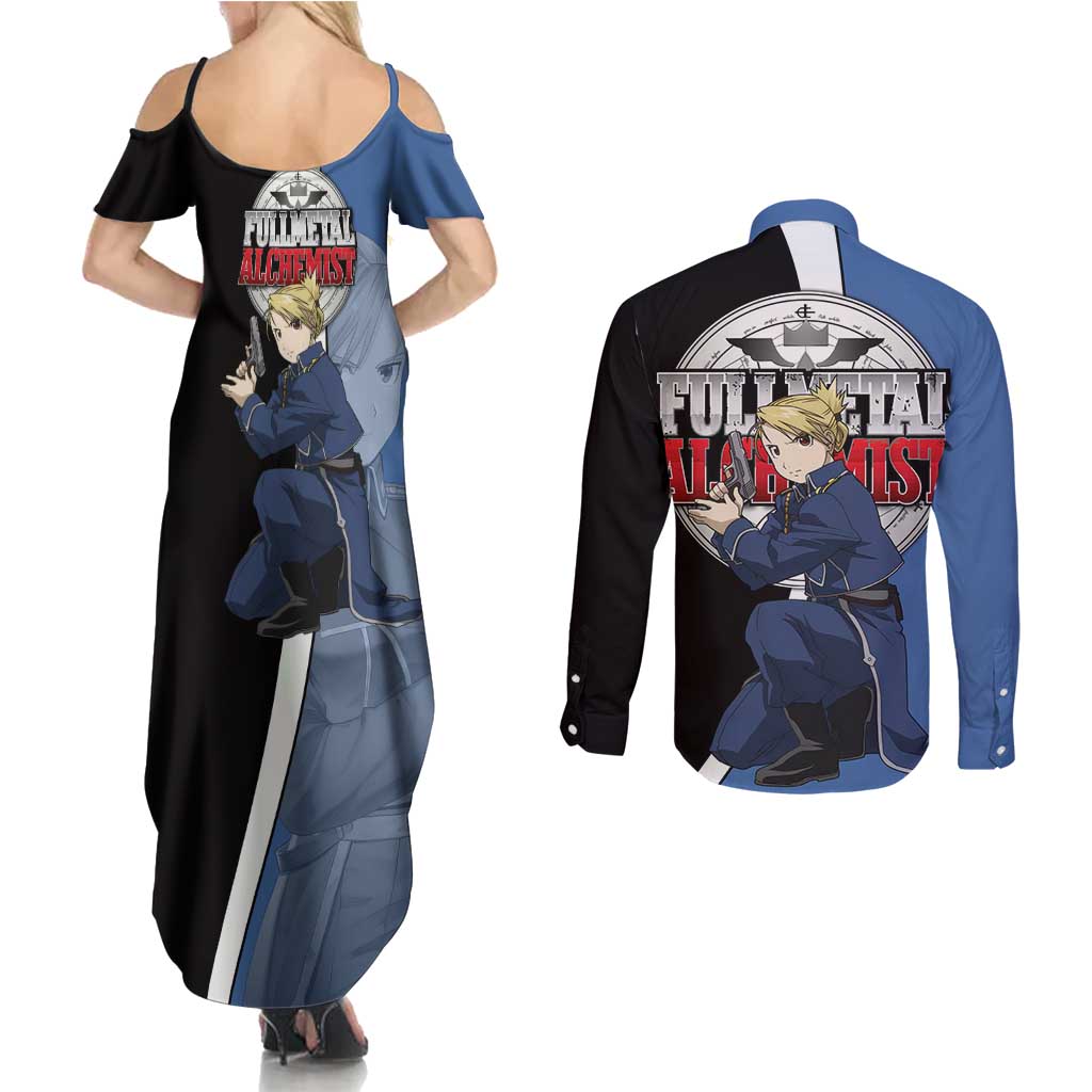 Hawkeye Riza - Fullmetal Alchemist Couples Matching Summer Maxi Dress and Long Sleeve Button Shirt Anime Style - The Mazicc