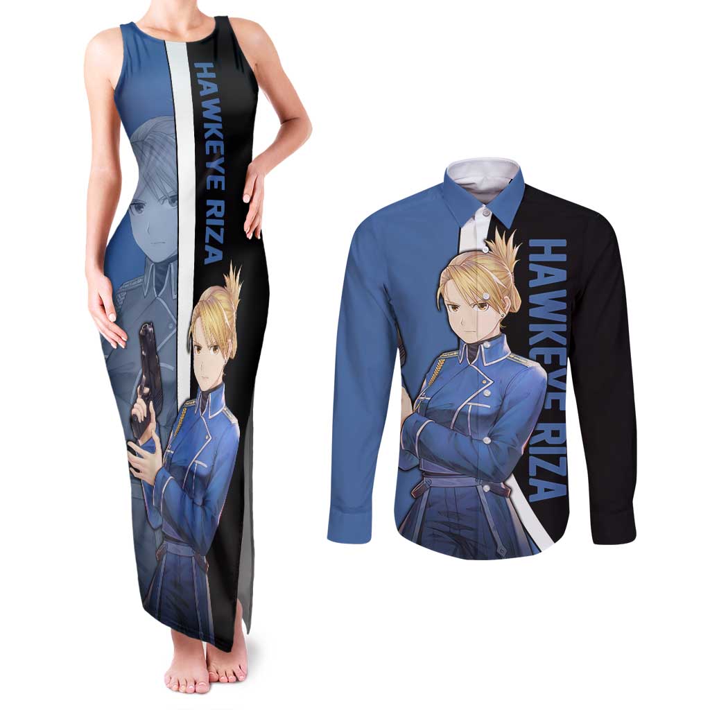 Hawkeye Riza - Fullmetal Alchemist Couples Matching Tank Maxi Dress and Long Sleeve Button Shirt Anime Style - The Mazicc